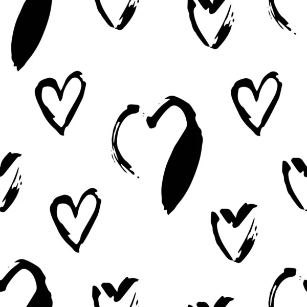 Hearts Black White Vector Seamless Pattern Freehand Love Symbol Illustrations — Stock Vector