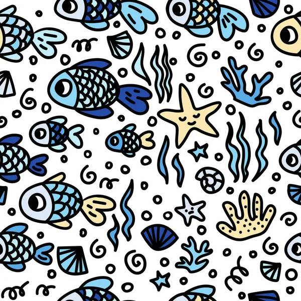 노란 물고기와 파란 물고기는 귀엽죠. 아이들은 배경 지식 이 있어요. 바다없는 무늬. — 스톡 벡터