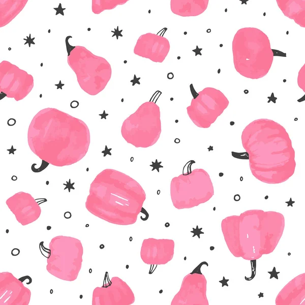 Nahtloses Muster Mit Rosa Handgezeichneten Kürbissen Und Punkten Auf Weißem — Stockvektor