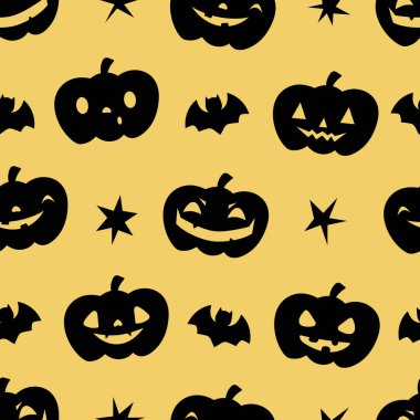 Cadılar Bayramı 'nda balkabaklarıyla kusursuz desenler, yarasalarla yıldızlar. Dekorasyon, duvar kağıtları, ambalaj kağıtları, tebrik kartları, desen dolguları, web sayfası arkaplanı için mükemmel