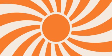 Parlak güneş eski moda tarzında kıvrılıyor. Turuncu ve krem rengi radyal patlama dinamik, güneşli ve soyut bir desen oluşturuyor. Vektör illüstrasyonu yaz, klasik veya psikedelik tasarım temaları için mükemmeldir.