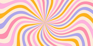 Girdap gibi bir yıldız patlaması. Psikedelik dalgalı desen. Retro güneş ve karnaval motifleri. Klasik soyut ışın arkaplanı ve gökkuşağı sınırı. Pembe ve mavi vintage daire. Düz vektör illüstrasyonu