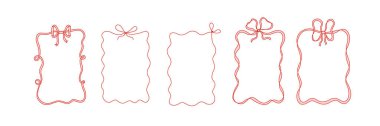 Collection of hand drawn ribbon bow frames in coquette style. Cute decorative borders for Christmas cards, wedding invitations, scrapbooking, packaging design, digital projects, and social media
