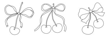 Coquette cherry with ribbon bow set in elegant whimsical retro doodle hand-drawn style. Perfect for Christmas, wedding, birthday, Valentine designs, cards, and decor. Vector illustration.