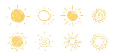 Güneş karalama simgeleri. Çizgi film el çizimi, soyut çizim. Gün batımının şirin grunge sarı sembolü. Beyaz arkaplanda kalem vektörü çizimi. Tebeşir ve boya kalemi çizimi.