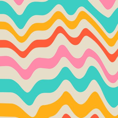 Geçmişe Dönüş 70 'ler stili. Şirin Soyut Doku Duvar Kağıdı. Hippi Dalgalı Vektör Geçmişi. Retro 1970 'lerdeki Renkli Eğlence Çizgileri Moda Bayrak Tasarımı. Psikedelik Grafik Yazdırma 1960 'lar