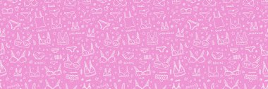 Elle çizilmiş iç çamaşırı karalamalarıyla kusursuz desen. Pembe sutyen ve iç çamaşırı çizimleri tekstil tasarımları veya bekarlığa veda davetiyeleri için mükemmel bir arka plan oluşturuyor. Vektör sanatı