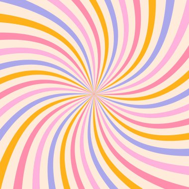 Girdap retro yıldız patlaması arka planı, harika spiral şeker deseni. Karnaval radyal gökkuşağı izi, soyut funky bg. Disko çizgili ışınlar posteri, dalga büküm çizgisi grunge etkisi duvar kağıdı. Vektör illüstrasyonu