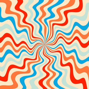 Eski turuncu, mavi ve bej renkli dalgalı çizgilerle donanımlı bir yıldız patlaması arka planı. Soyut psikedelik girdap deseni, 70 'lerin klasik biçim vektör illüstrasyonu.