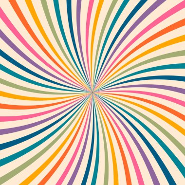 Girdap retro yıldız patlaması arka planı, harika spiral şeker deseni. Karnaval radyal gökkuşağı izi, soyut funky bg. Disko çizgili ışınlar posteri, dalga büküm çizgisi grunge etkisi duvar kağıdı. Vektör illüstrasyonu