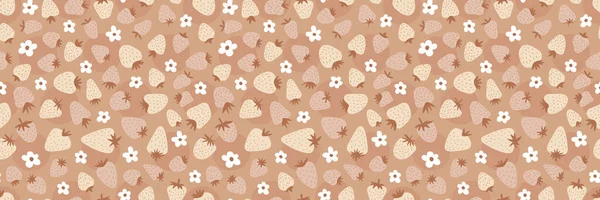 Şirin çilek ve çiçeksiz desen. Çiçekli meyve tasarımı, retro boho karalamaları ve bej renkli renkli eğlenceli çilek çizimleri olan klasik bir arka plan. Vektör illüstrasyonu