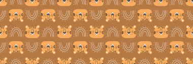 Tatlı boho orman hayvanlarıyla kusursuz kaplan deseni. Çocuk tekstil, duvar kâğıdı ve çağdaş kıyafet tasarımları için harika bir çizgi roman baskısı..