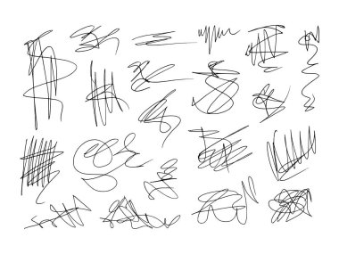 Kaotik kalem karalamaları ve karışık karalamalar rastgele daireler, dağınık karalamalar, el çizimi işaret çizgileri ve yaratıcı projeler için anlamlı çizim vuruşları içeren soyut bir doku oluştururlar..