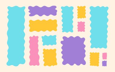 Dalgalı dikdörtgen, yumuşak organik kıvrımlı soyut çerçeveler. Sıvı metin kutularının modern düz koleksiyonu, neşeli damlalar ve açık arkaplanda pastel renklerde pürüzsüz geometrik şekiller.