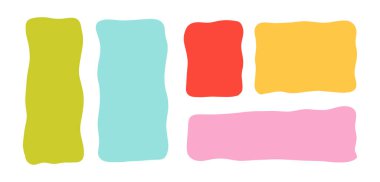 Açık arkaplanda organik kıvrımlı kenarları olan parlak pastel renklerde dalgalı dikdörtgen koleksiyonu. Pankartlar, posterler, sosyal medya, hikayeler, kapaklar ve modern şablonlar için soyut el çizimleri.