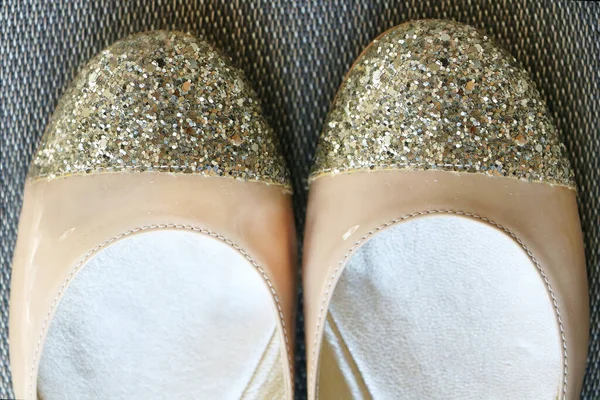 Fashionable Modern Flat Leather Shoes Gold Glitter Sparkling Toes — Stock Photo, Image