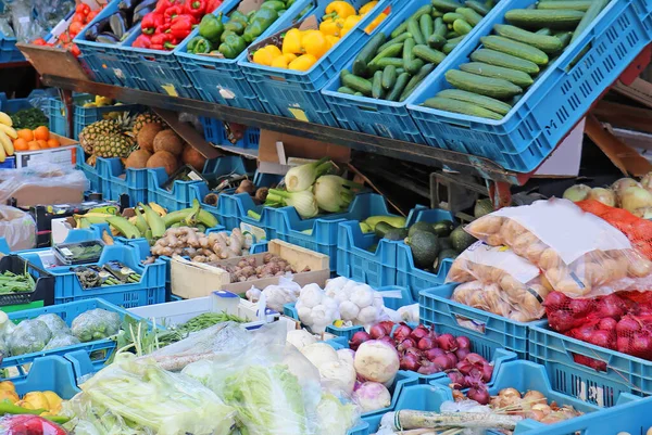 Caixas Completas Frutas Produtos Hortícolas Biológicos Vendidos Mercado — Fotografia de Stock