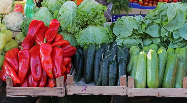 Čerstvá Ekologická Zelenina Uspořádaná Řadě Trhovacích Přepravkách — Stock fotografie
