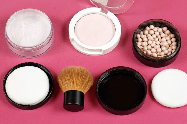 Beauty Makeup Powders Used Face Make Powder Brush Pink Background — Stock Photo, Image