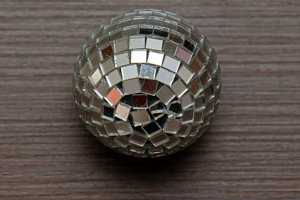 Sparkling Mirror Glass Decorative Disco Ball Wooden Background — Stock Photo, Image