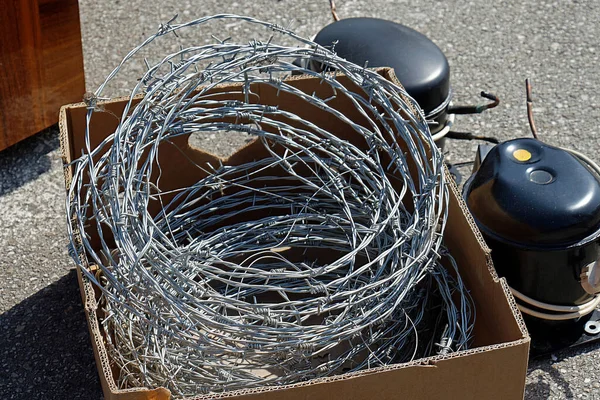 Steel Fencing Barbed Wire Constructed Sharp Edges Box Sold Market — Stock Photo, Image