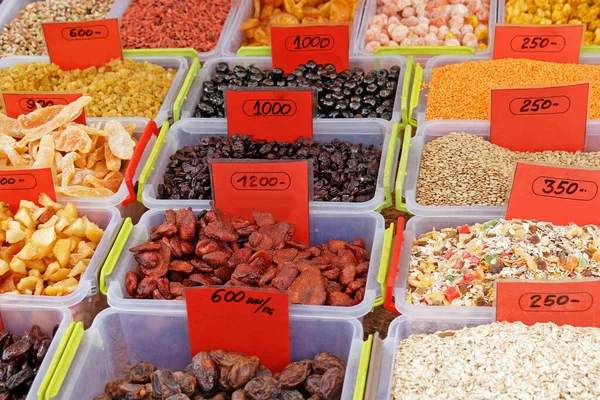 Dried Fruits Nuts Legumes Sold Market Stall — Stock Photo, Image
