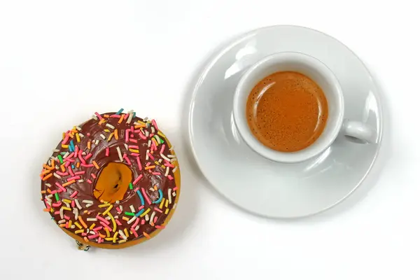 Chocolate Glazed Donut Ring Next Espresso Cup — Stock Photo, Image