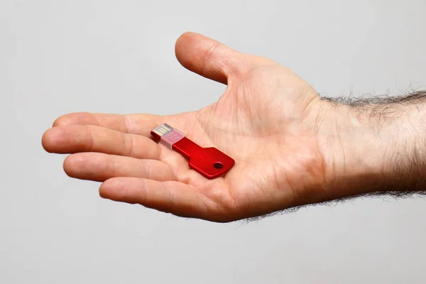 秘密データファイルを提示する人間の手のひら上の赤いキー — ストック写真