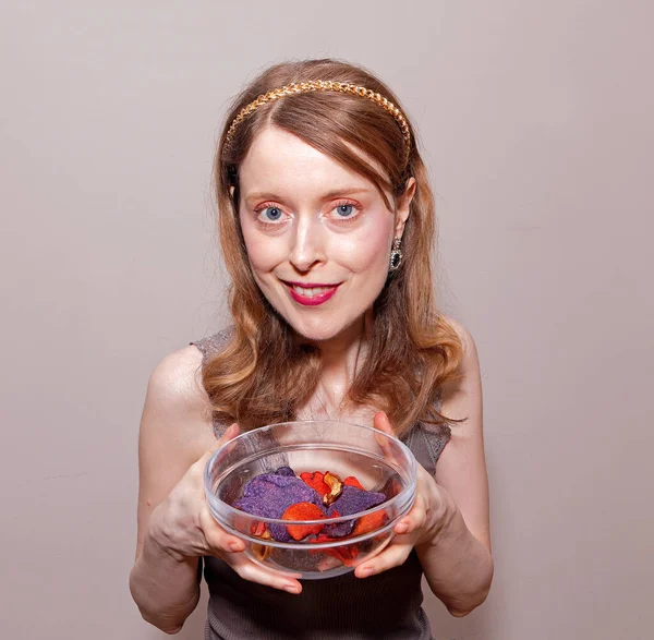 Young Pretty Woman Smiling Holding Bowl Colorful Vegetable Crisps — Stock Photo, Image