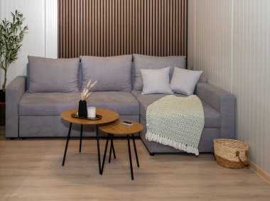 Modern oturma odası. Köşedeki kanepe ve ahşap masa mobilyaları.