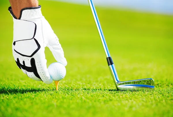 Hombre colocando pelota de golf en la camiseta — Foto de Stock