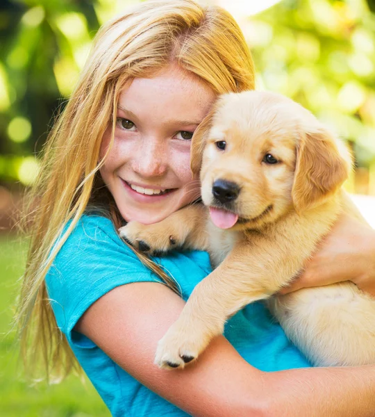 Cute Young Girls with Puppies — Stock Photo, Image