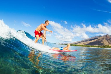 Father and Son Surfing, Riding Wave Together clipart