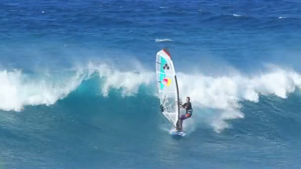 Мауї, Hi - 1 лютого: Професійний віндсерфер Леві Сівер їде хвилі в Ho'okipa Beach. Сильного вітру та великих хвиль, що зробив для екстремальних віндсерфінгу і великий кондиціонування. 1 лютого 2012 року в Мауї, Привіт. — стокове відео