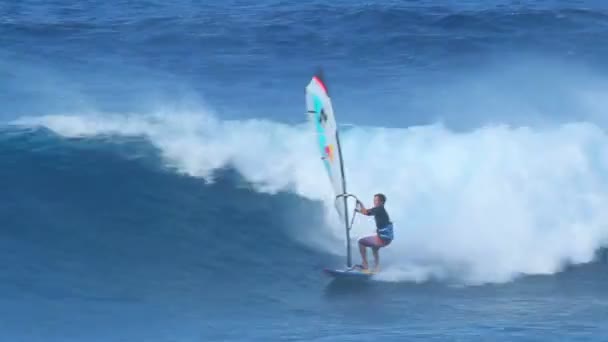 MAUI, HI - February 1: Professional windsurfer Levi Siver rides a wave at Ho'okipa Beach. Strong wind and large waves made for extreme windsurfing and big airs. February 1, 2012 in Maui, HI. — Stock Video