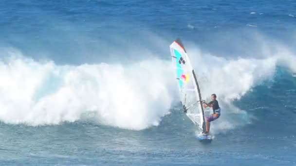 MAUI, HI - February 1: Professional windsurfer Levi Siver rides a wave at Ho'okipa Beach. Strong wind and large waves made for extreme windsurfing and big airs. February 1, 2012 in Maui, HI. — Stock Video