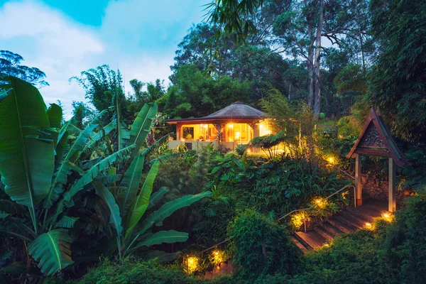Tropisches Zuhause im Dschungel bei Sonnenuntergang — Stockfoto