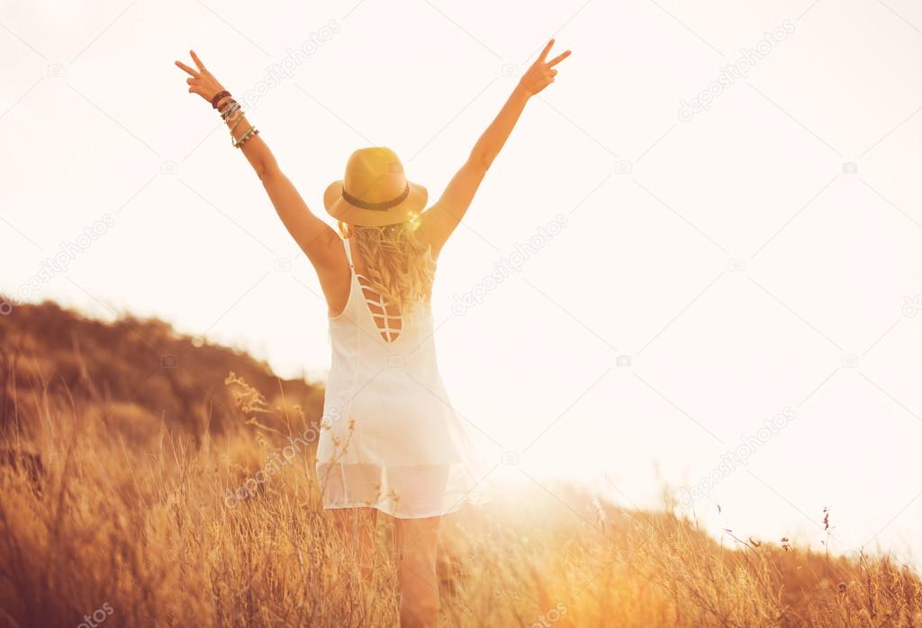 Happy Young Woman Outdoors at Sunset. Fashion Lifestyle.