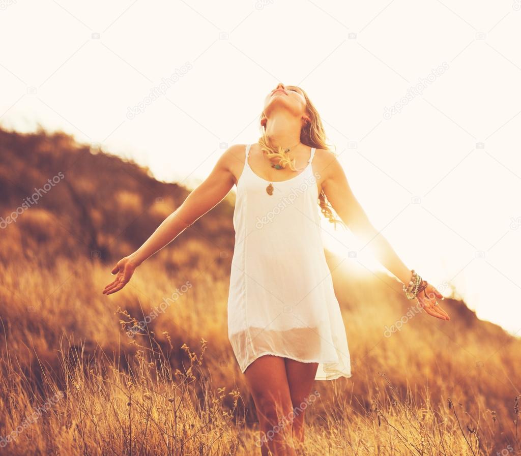 Woman Outdoors at Sunset. Fashion Lifestyle.