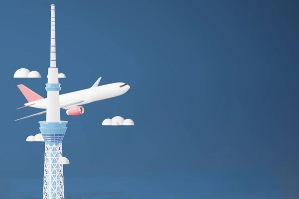 Rendering Illustration Airport Blue Color Minimal Design Airplane — Stock Photo, Image