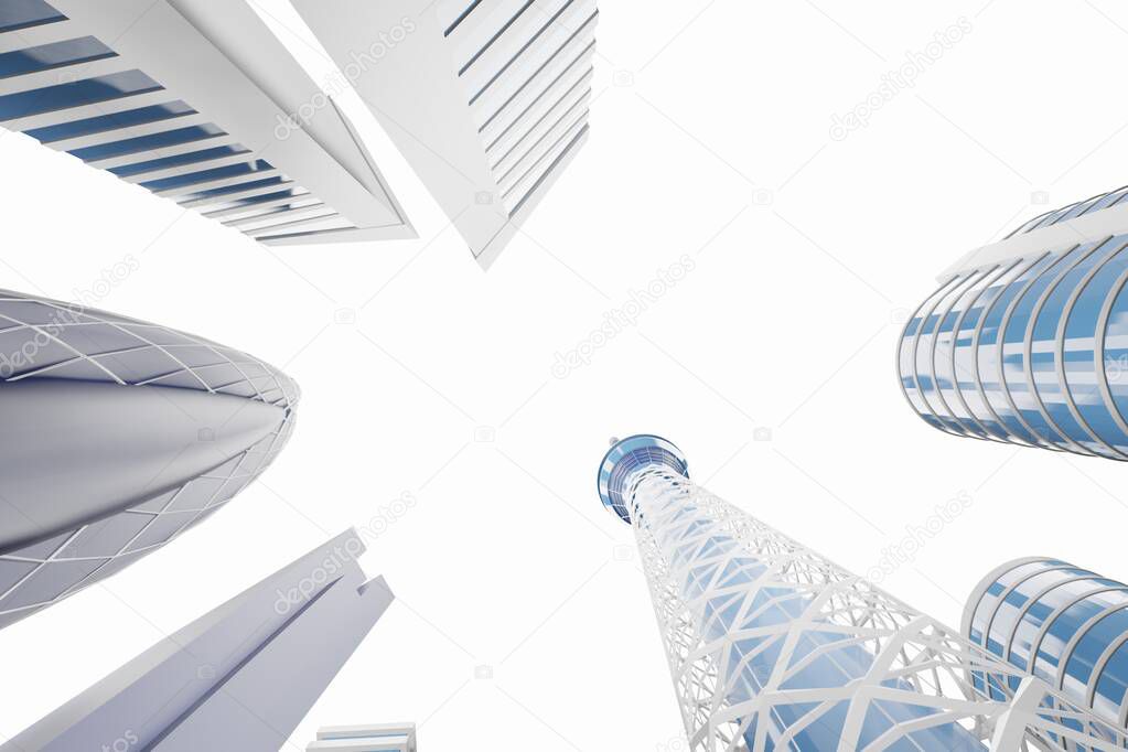 3d rendering illustration of metropolitan city in blue color minimal design