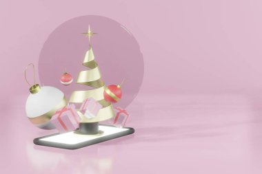 3d rendering christmas mobile phone mockup with ornaments and spcae for product placement clipart