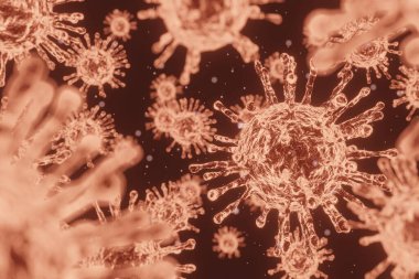 Mikroskop altında Coronavirus COVID-19 'un 3D çizimi. Coronavirüs salgını, hücresel ortamda dolaşan virüs, koronavirüs gribi geçmişi, viral hastalık salgını.