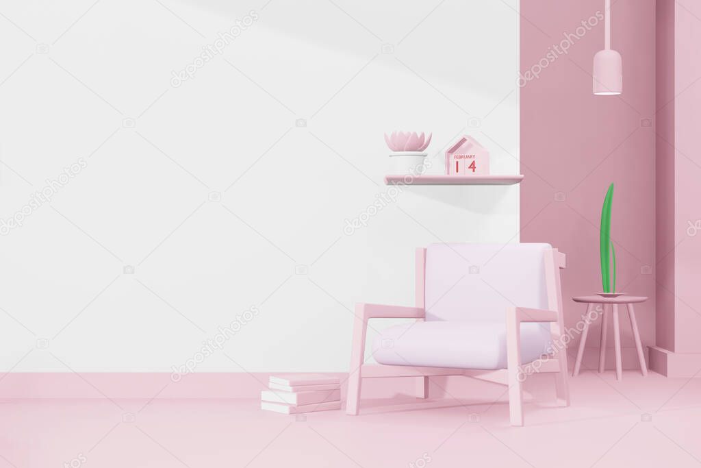 Lovely happy Valentines day room with some furniture template in 3d model mockup soft pink color