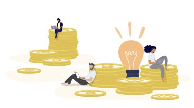 Bitcoin Blockchain kripto para birimi konsepti. Bilgisayarlarından madencilik yapan insanlarla birlikte şifreli altın para. Bitcoin ve engelleme zinciri için en düşük yatırımlar