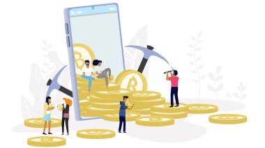 Bitcoin Blockchain kripto para birimi konsepti. Altın kripto para birimi cep telefonundan, ağaç yapraklarının arka planında minimum tasarım ile çıkıyor. Bitcoin ve engelleme zinciri için en düşük yatırımlar