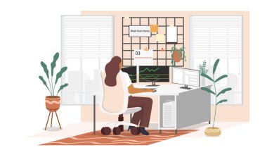 Evden çevrimiçi dizüstü bilgisayar vasıtasıyla asgari vektör tasarımında çalış. Covid19 salgını nedeniyle ev-çevrimiçi video konferans çalışmasından çalışmalar