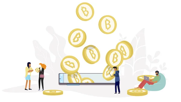 Bitcoin Blockchain kripto para birimi konsepti. Altın kripto para birimi cep telefonundan, ağaç yapraklarının arka planında minimum tasarım ile çıkıyor. Bitcoin ve engelleme zinciri için en düşük yatırımlar