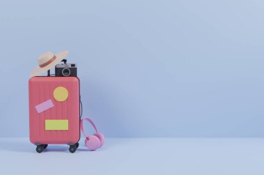 Mavi arka planda izole edilmiş seyyar şeyler. Bavul, kamera, pasaport, kulaklık, plaj şapkası. 