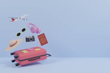 Mavi arka planda izole edilmiş seyyar şeyler. Bavul, kamera, pasaport, kulaklık, plaj şapkası. 